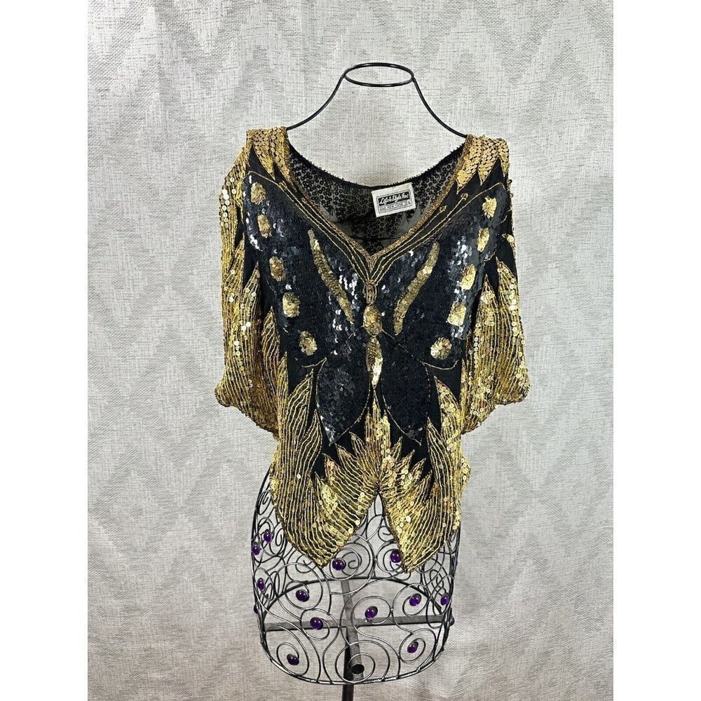 Vintage Life & style inc new york gold and black sequin butterfly top size L